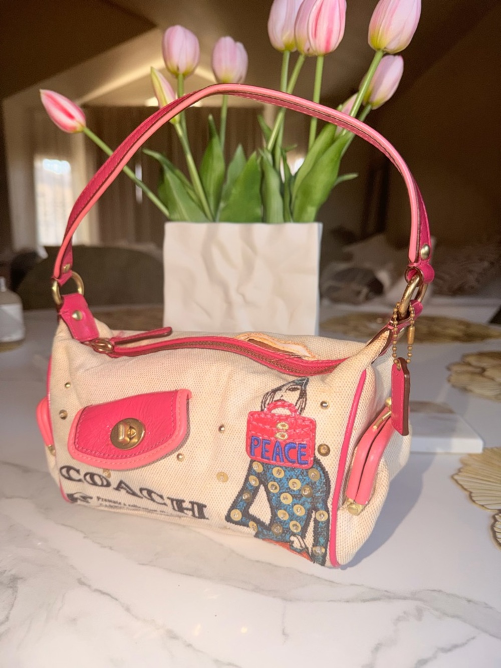 This Coach Bonnie Cashin "Cashin Carry" Kiss lock canvas. Needs work.